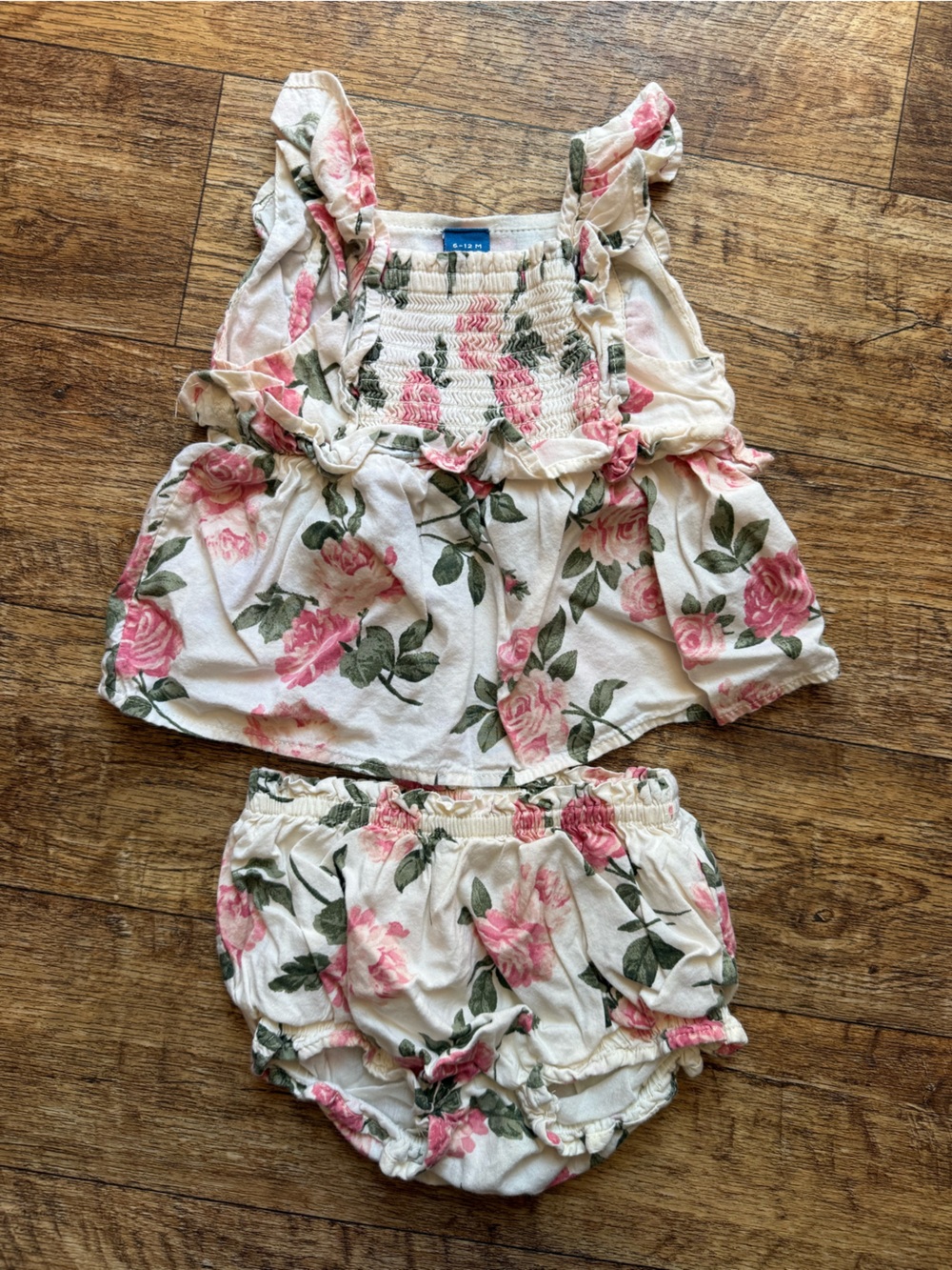 Old Navy Cream Floral Smocked Crop Top with Pink Roses